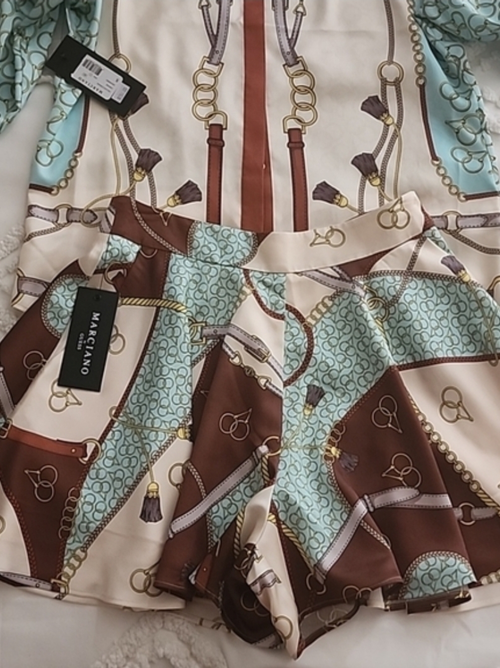 Marciano Cream, Mint & Brown Equestrian-Print Silk-Feel Shorts And Blause Set